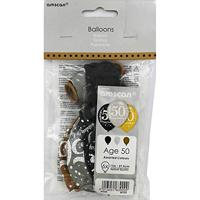 Ballonnen 50 Jaar Happy Birthday Zilver, Goud En Zwart - thumbnail