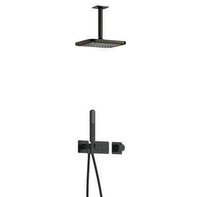 Hotbath Gal - Inbouw Regendoucheset - Geborsteld Gunmetal PVD - Thermostatisch - Plafondbuis 15 cm - Hoofddouche 220 mm - Staafhanddouche