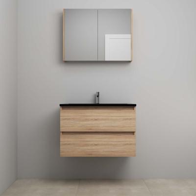 On-Line Badkamermeubelset - 80 cm - Voorgemonteerd - Ladestructuur - Acryl Wastafel - 1 Kraangat - Spiegelkast - Eiken