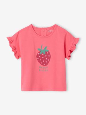 Babyshirt met ruches aan de mouwen en fruitmotief snoepjesroze