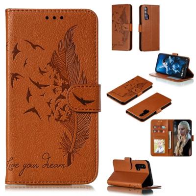Feather patroon Litchi textuur horizontale Flip lederen draagtas met portemonnee & houder & kaartsleuven voor Huawei Honor 20 Pro (bruin)