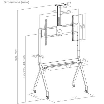 Maclean TV-standaard / trolley, camera plank, op wielen, 55-100", max. belasting 120kg/10kg plank, max. VESA 900x600, zwart, MC-114 B