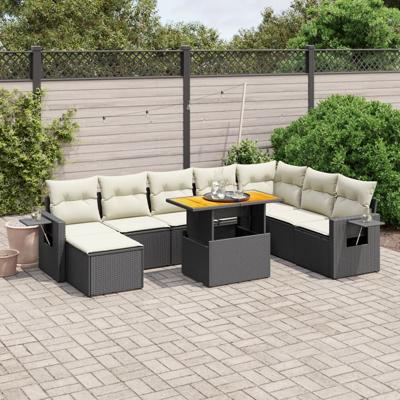 9-delige Loungeset met kussens poly rattan acacia zwart