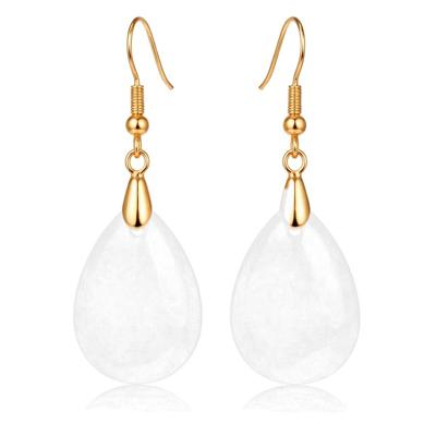 Goudkleurige Oorbellen voor Dames met Druppelvormige Witte Jade Hanger Goudkleurige Oorbellen voor Dames met Druppelvormige Witte Jade Hanger