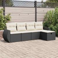 5-delige Loungeset met kussens poly rattan zwart - thumbnail