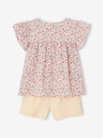 Set blouse met bloemen en short van katoengaas voor meisjes vanille - thumbnail