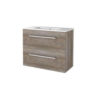 Badmeubelset BWS Salt 80x39cm Met Grepen 2 Lades Met Wastafel 1 Kraangat Scotch Oak