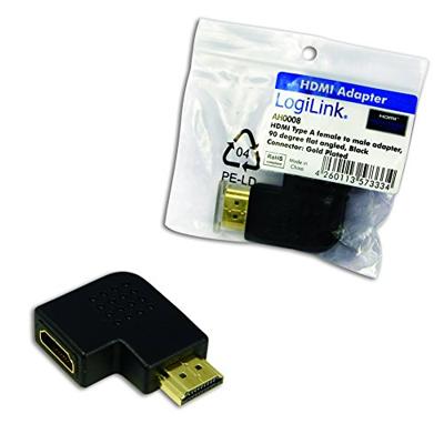 LogiLink AH0008 HDMI High Speed Adapter, 90 graden plat gehoekt en met vergulde contacten, ideaal voor Full HD, stekker op bus zwart