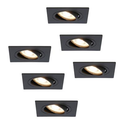 Set van 6 Mallorca LED inbouwspot - IP20 - Kantelbaar - 4 Watt 345 lumen - 2700K warm wit - GU10 - Dimbaar - Vierkant - Voor binnen - Zwart