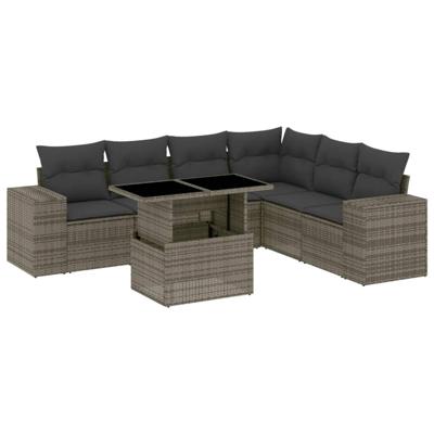 7-delige Loungeset met kussens poly rattan grijs