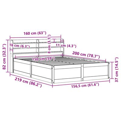 Bedframe met hoofdbord massief grenenhout wit 200x200 cm