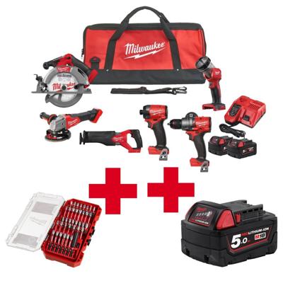 Milwaukee M18 FPP6G3-502B Accu Combiset 6-delig 18V - Inclusief 2x 5,0Ah Accu,Lader en Tas