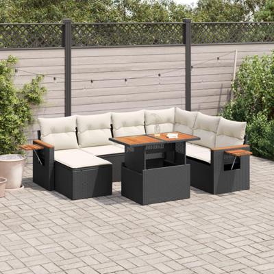 8-delige Loungeset met kussens poly rattan zwart