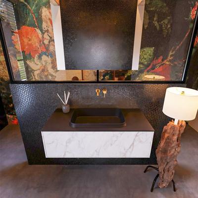 Badkamermeubelset Mondiaz Erin 100 cm met 1 Lade met RIDGE Wastafel Midden Urban Zonder Kraangaten Greeploos Mat Carrara