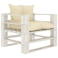 Tuinbank met crèmekleurige kussens pallet hout - thumbnail