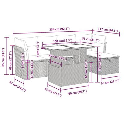 6-delige Loungeset met kussens poly rattan bruin - thumbnail