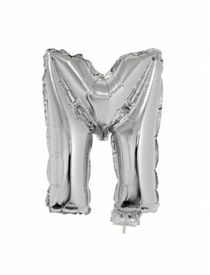 Folieballon zilver letter &apos;M&apos; met rietje