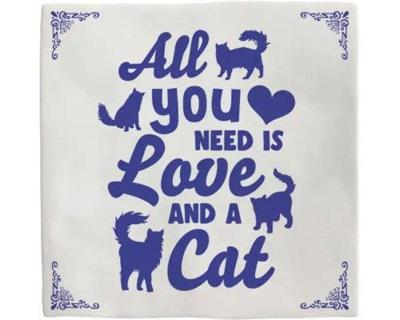 Plenty Gifts tegeltje keramiek cat 10x10cm blauw, wit Plenty Gifts tegeltje keramiek cat 10x10cm blauw, wit