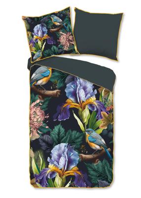 Descanso Dekbedovertrek "bloemen en vogels" - Antraciet - (155x220 cm) - Katoen Satijn