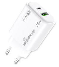 MediaRange GaN snellaadadapter van 25 W, EU-stekker, 1 x USB-C en 1 x USB-A, ondersteunt USB-C® Power Delivery en Quick Charge™, wit