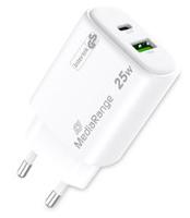 MediaRange GaN snellaadadapter van 25 W, EU-stekker, 1 x USB-C en 1 x USB-A, ondersteunt USB-C® Power Delivery en Quick Charge™, wit - thumbnail