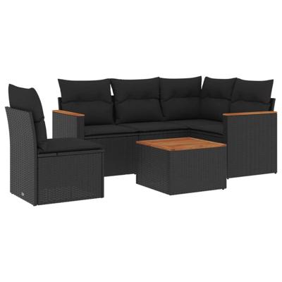 6-delige Loungeset met kussens poly rattan zwart