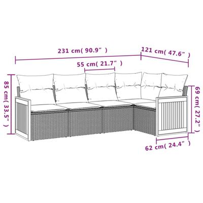 5-delige Loungeset met kussens poly rattan grijs - thumbnail