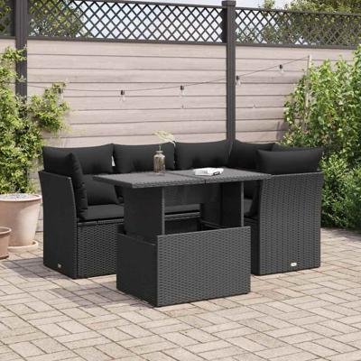 5-delige Loungeset met kussens poly rattan zwart 5-delige Loungeset met kussens poly rattan zwart
