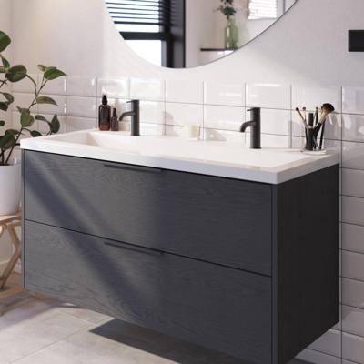 Saqu Lima badmeubel incl. glans witte wastafel met 2 kraangaten 120x52x64cm gebrand zwart - mat zwarte greep