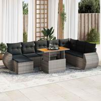 9-delige Loungeset met kussens poly rattan grijs - thumbnail