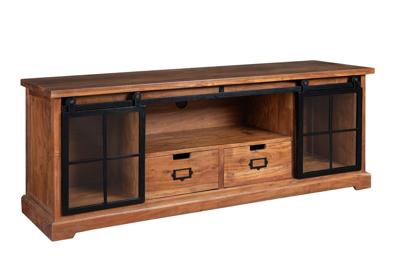 Massief lowboard HERITAGE 160 cm natuurlijke acaciahout zwarte metalen vitrine - 44050