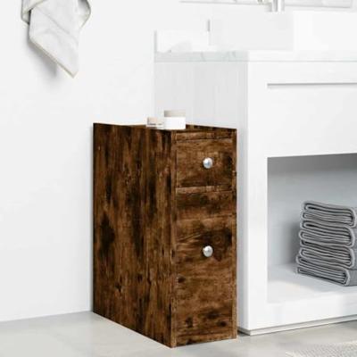 Badkamerkast smal met wielen bewerkt hout gerookt eikenkleurig