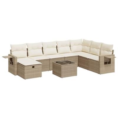 9-delige Loungeset met kussens poly rattan beige