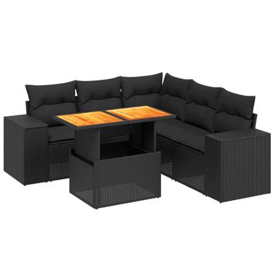 6-delige Loungeset met kussens poly rattan zwart