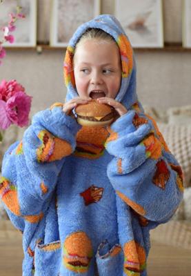 Draagbare deken met capuchon & mouwen - kind - Hamburger & frietjes