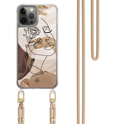 iPhone 12 (Pro) hoesje met beige koord - Abstract gezicht bruin iPhone 12 (Pro) hoesje met beige koord - Abstract gezicht bruin