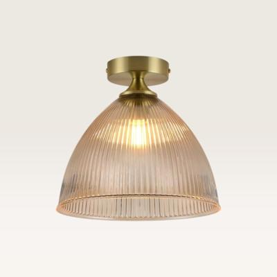 Plafondlamp Ciotola ambra - Koepelvormige bol van geribbeld amberkleurig glas en metalen gouden drager - Zonder lichtbron