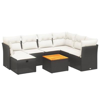 8-delige Loungeset met kussens poly rattan zwart