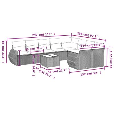 9-delige Loungeset met kussens poly rattan grijs