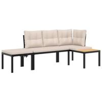 3-delige Loungeset met kussens gepoedercoat staal zwart - thumbnail