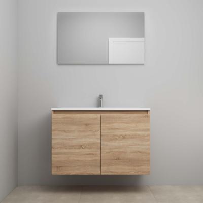 On-Line Badkamermeubelset - 100 cm - Bouwpakket - Greeploos 2 Deuren - Acryl Wastafel - 1 Kraangat - Spiegel - Eiken