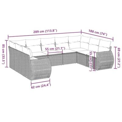 9-delige Loungeset met kussens poly rattan lichtgrijs