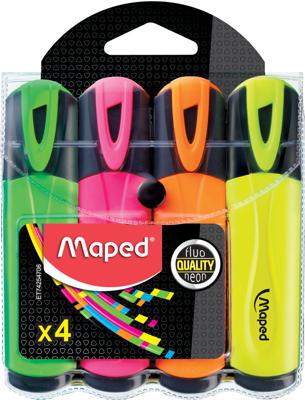 Maped markeerstift Fluo&apos;Peps Classic etui van 4 stuks: geel, oranje, roze en groen