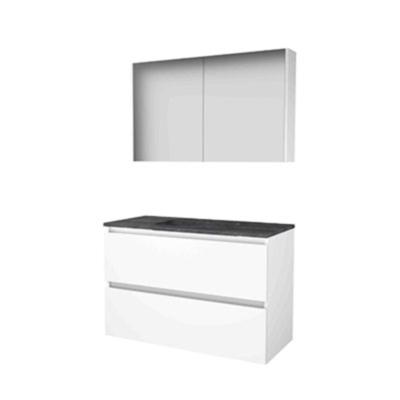 Basic-Line Comfort 46 Badkamermeubelset - 100 x 46 cm - Greeploos - 2 Lades - Hardstenen Wastafel - 1 Kraangat - Spiegelkast - Ice White