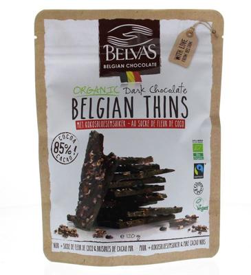 Belvas Thins dark 85% met kokosbloesemsuiker bio 120 Gram Belvas Thins dark 85% met kokosbloesemsuiker bio 120 Gram