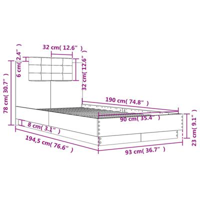 Bedframe met hoofdeinde bewerkt hout gerookt eiken 90x190 cm