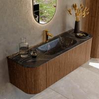 Mondiaz KURVE-DLUX 140 cm Onderkast Greeploos 1 Lade Met Deuren Walnut, Wastafel Solid Surface Midden Lava 1 Kraangat Zonder Spiegel (KRVBGS140L+R1L2D1KM-Wal/Lav) - thumbnail