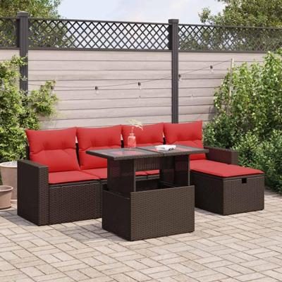 6-delige Loungeset met kussens poly rattan acacia zwart