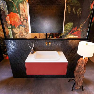 Badkamermeubelset Mondiaz Erin 80 cm met 1 Lade met RIDGE Wastafel Midden Talc Zonder Kraangaten Greeploos Mat Fire