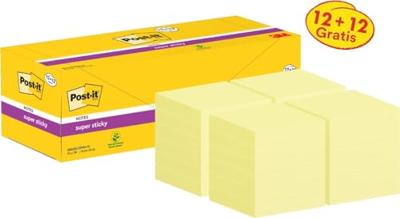 Post-it super Sticky notes, 90 vel, ft 76 x 76 mm, geel, pak van 12 blokken + 12 gratis